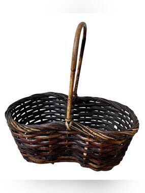 Vintage Dark Woven Wicker Gathering Basket with Handle Figure 8 Cottagecore